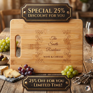 Rustic Grapevine Wine & Cheese Custom Wood Engraved Cutting Board