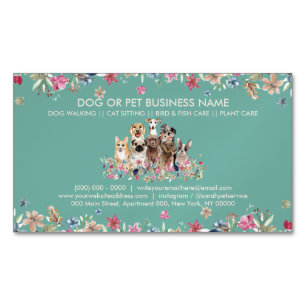 Rustic Grass Green Botanical Pets Cute Dogs Business Card Magnet