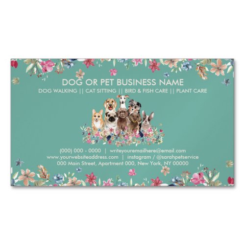 Rustic Grass Green Botanical Pets Cute Dogs Business Card Magnet