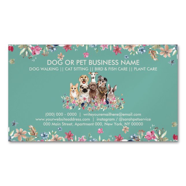 Rustic Grass Green Botanical Pets Cute Dogs Business Card Magnet (Front)