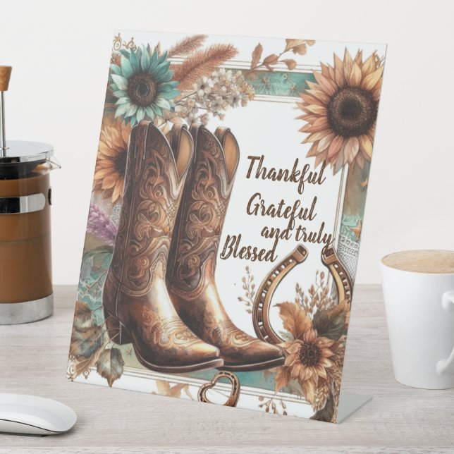 Rustic Grateful Thankful Pedestal Sign (In SItu)