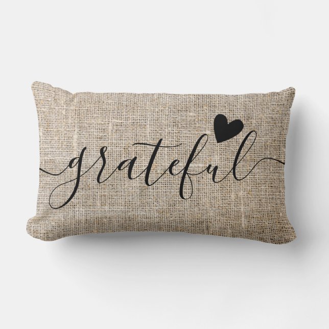 Rustic Grateful Thanksgiving Farmhouse Burlap Lumbar Pillow (Front)