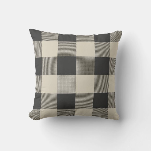 Rustic Gray and Beige Buffalo Check Plaid Throw Pillow (Front)