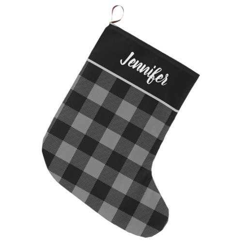 Rustic Gray and Black Buffalo Check Monogram Large Christmas Stocking