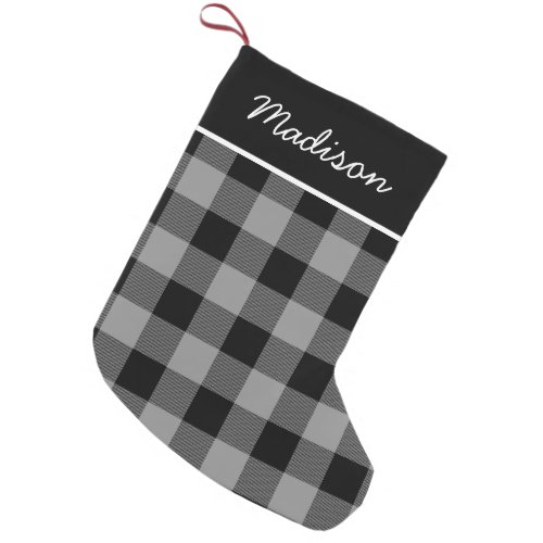 Rustic Gray and Black Buffalo Check Monogram Small Christmas Stocking