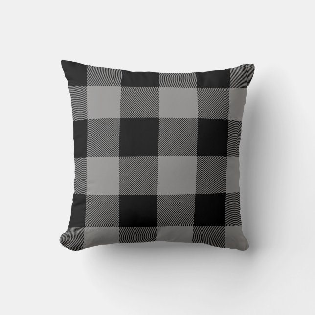Rustic Gray and Black Buffalo Check Plaid Throw Pillow (Front)