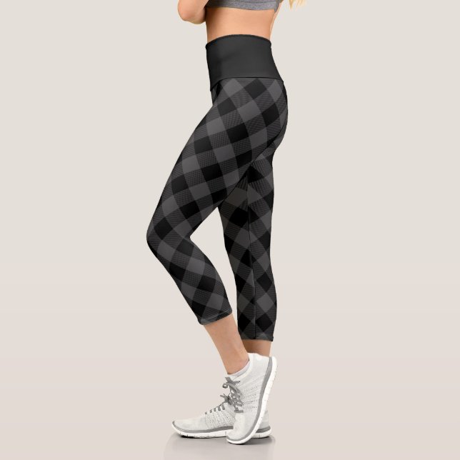Rustic Gray and Black Buffalo Plaid Diamond Capri Leggings (Left)