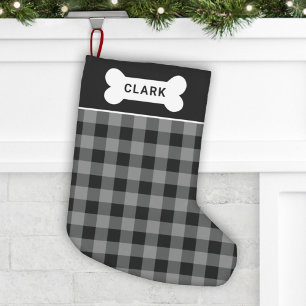 Rustic Gray and Black Buffalo Plaid Dog Bone Small Christmas Stocking