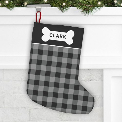 Rustic Gray and Black Buffalo Plaid Pet Monogram Small Christmas Stocking