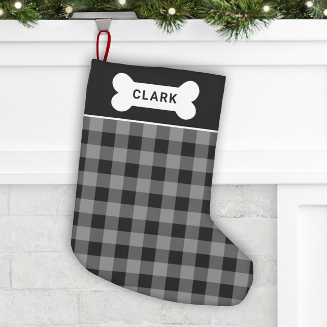 Rustic Gray and Black Buffalo Plaid Pet Monogram Small Christmas Stocking (Creator Uploaded)