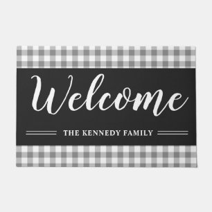 Rustic Gray and Black Plaid Family Name Welcome Doormat