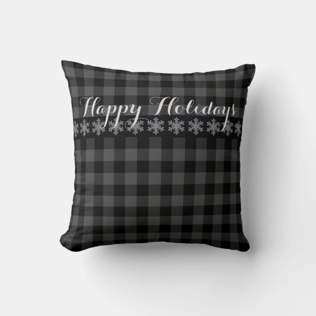 Rustic gray and black plaid snow flake -  Holiday Throw Pillow (Front)