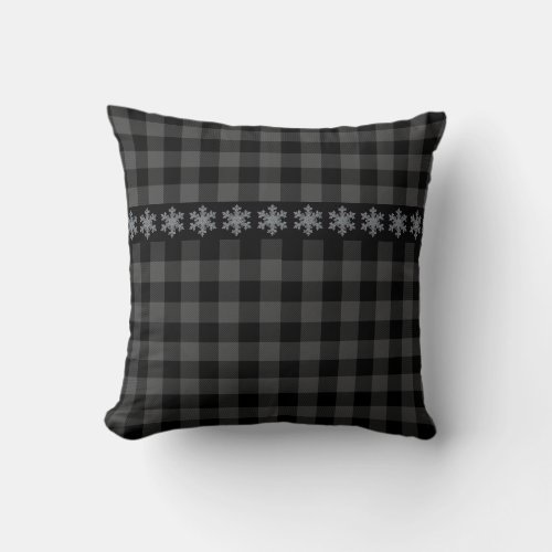 Rustic gray and black plaid _snow flake throw pillow