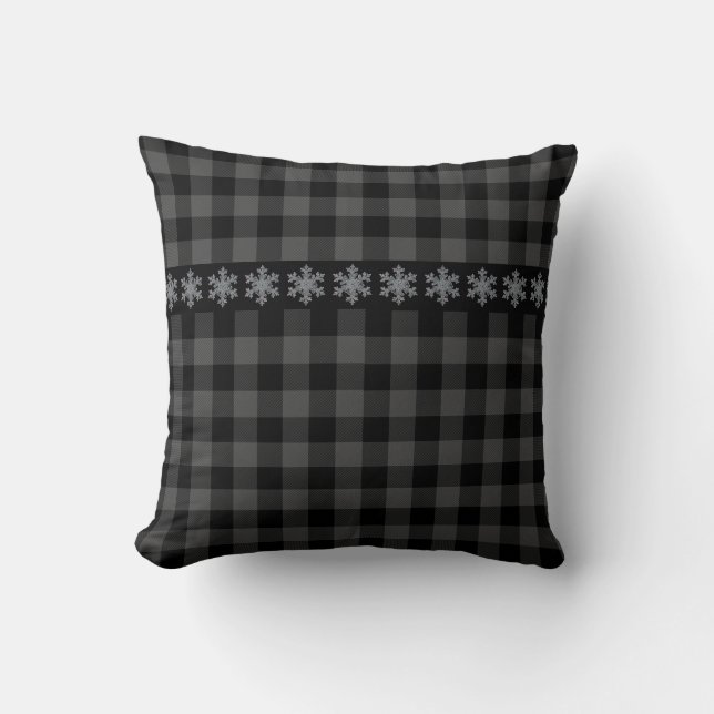 Rustic gray and black plaid -snow flake throw pillow (Front)
