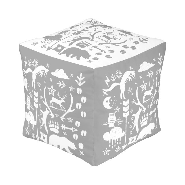 Rustic Gray and White Bear Fox Deer Pattern Pouf (Angled Front)