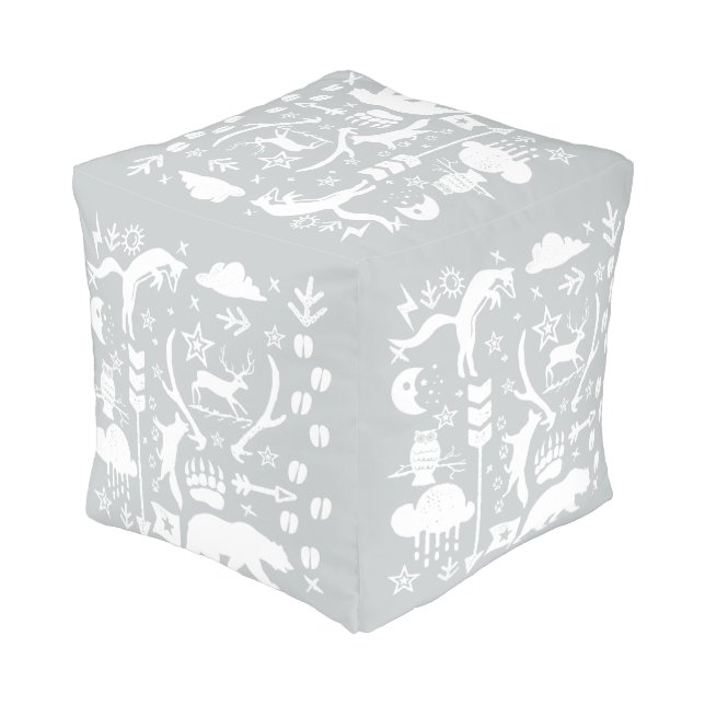Rustic Gray and White Bear Fox Deer Pattern Pouf (Angled Back)