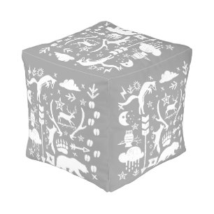 Rustic Gray and White Bear Fox Deer Pattern Pouf