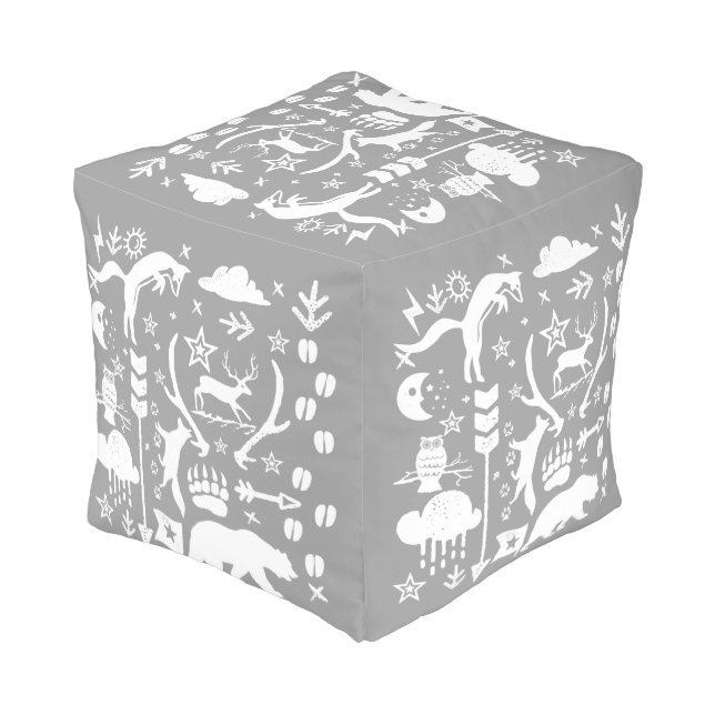 Rustic Gray and White Bear Fox Deer Pattern Pouf (Angled Back)
