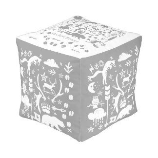 Rustic Gray and White Bear Fox Deer Pattern Pouf
