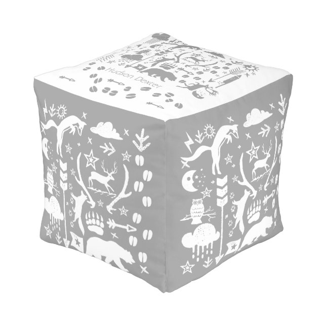 Rustic Gray and White Bear Fox Deer Pattern Pouf (Angled Front)