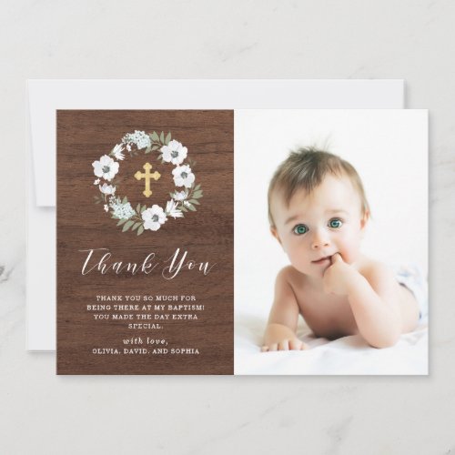 Rustic Gray and White Floral  Photo Baptism Thank You Card