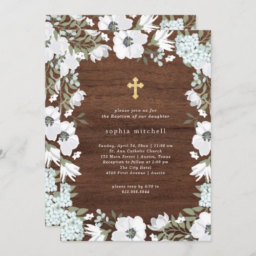Rustic Gray and White Floral Wood Look  Baptism Invitation