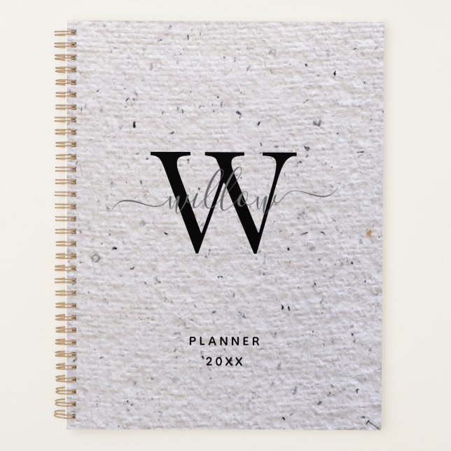 Rustic Gray Antique Vintage Paper Script Monogram Planner (Front)