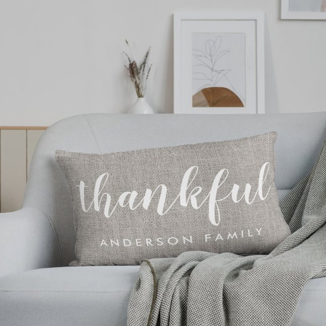 Rustic Gray Autumn Thankful Family Name Lumbar Pillow (Creator Uploaded)