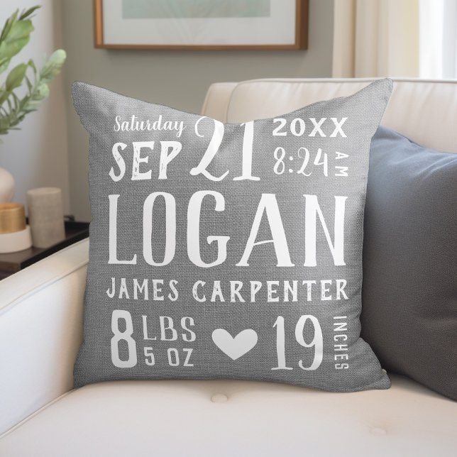 Rustic Gray Baby Birth Stats Nursery Pillow (Creator Uploaded)