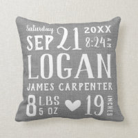 Rustic Gray Baby Birth Stats Nursery Pillow