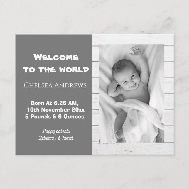 Rustic Gray Baby Photo Birth Announcement Postcard (Front)