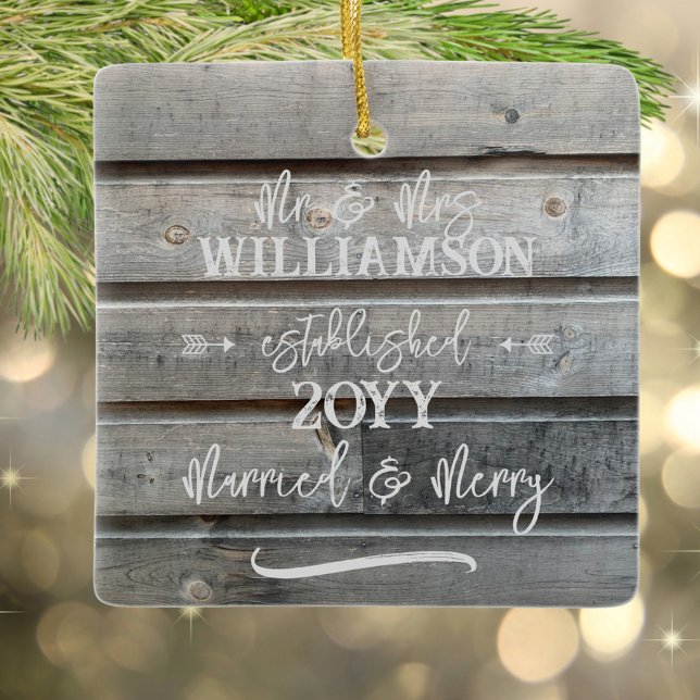 Rustic Gray Barn First Married Christmas Photo Ceramic Ornament (Married & Merry rustic wood personalized ornament with your photo)