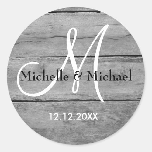 Rustic Gray Barn Wood Bride And Groom Monogram   Classic Round Sticker