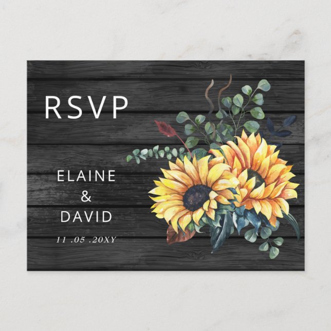 Rustic Gray Barn Wood Country Sunflowers RSVP Invitation Postcard (Front)