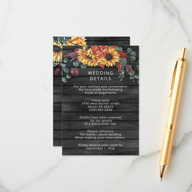 Rustic Gray Barn Wood Country Sunflowers Wedding Enclosure Card (Front/Back In Situ)