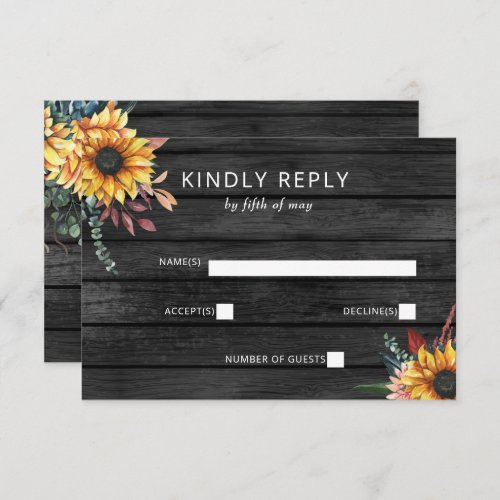 Rustic Gray Barn Wood Country Sunflowers Wedding RSVP Card