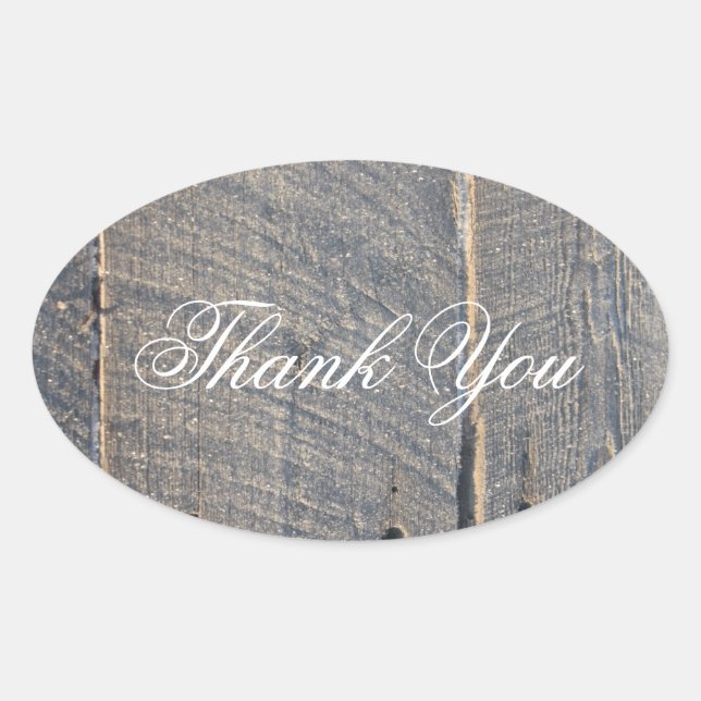 rustic gray barn wood country wedding thank you oval sticker (Front)