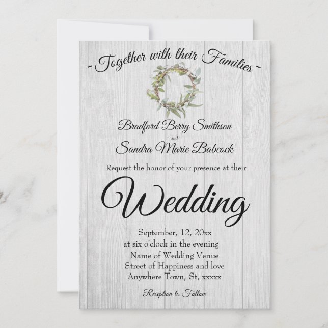 Rustic Gray Barn Wood, Eucalyptus Wreath Wedding  Invitation (Front)