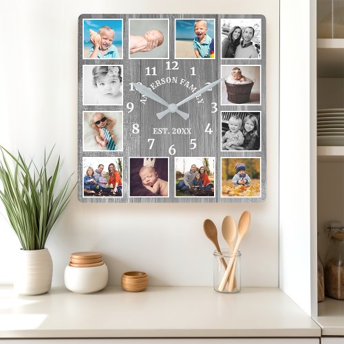 Rustic Gray Barn Wood Farmhouse 12 Photo Collage Square Wall Clock