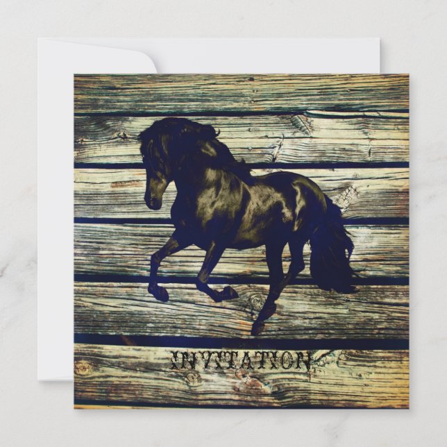 rustic gray barn wood western horse themed wedding invitation (Front)
