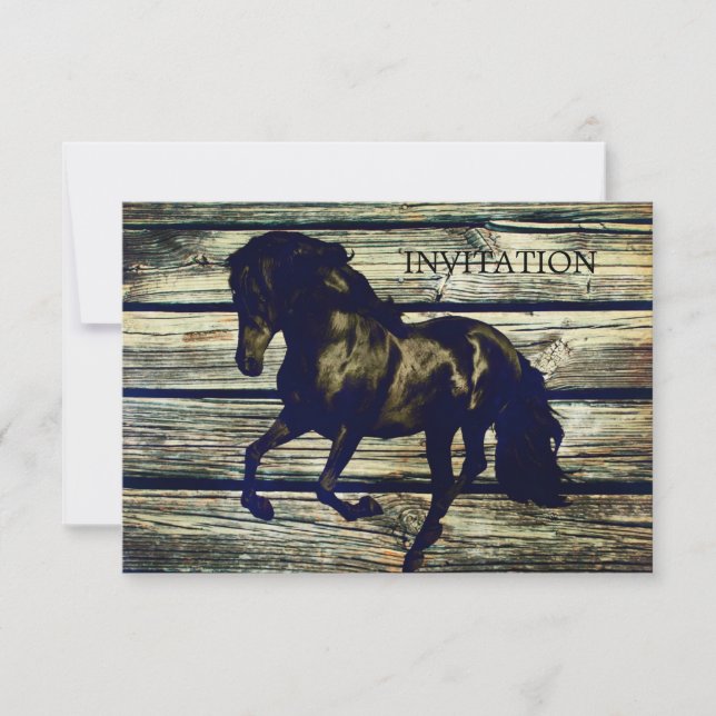 rustic gray barn wood western horse themed wedding invitation (Front)