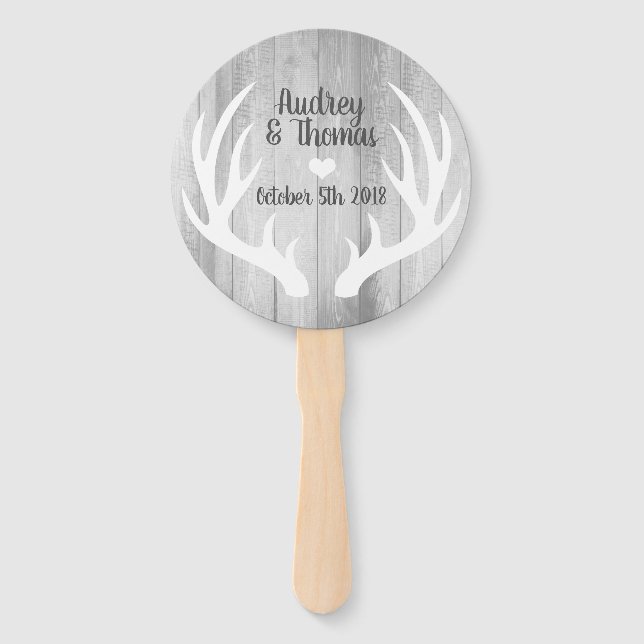 Rustic Gray Barn Wood & White Deer Antlers Wedding Hand Fan (Front)