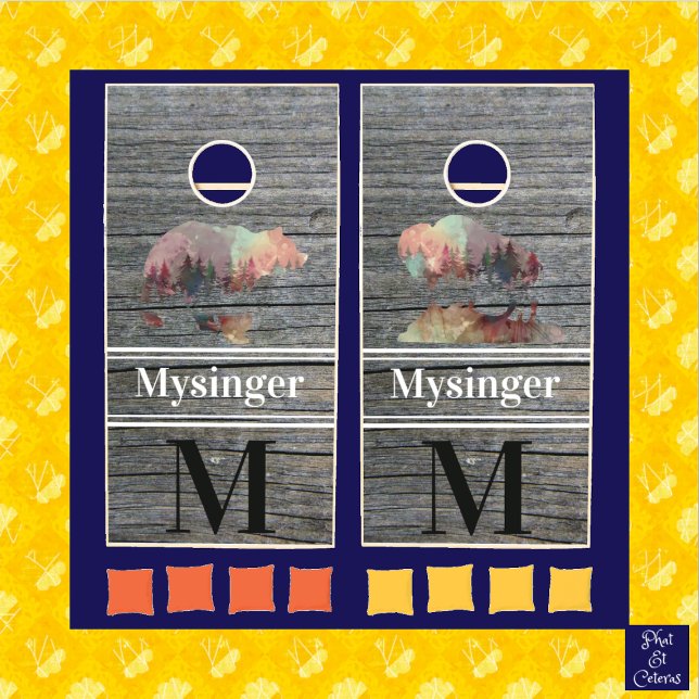 Rustic Gray Barn Wooden Plank Monogram Bison Bear Cornhole Set (Creator Uploaded)