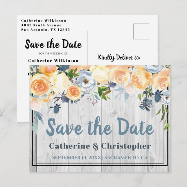 Rustic Gray Barnwood Floral Save the Date Postcard (Front/Back)