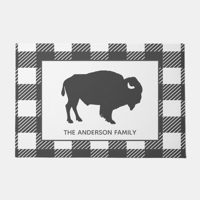 Rustic Gray Bison Buffalo Check Plaid Doormat (Front)