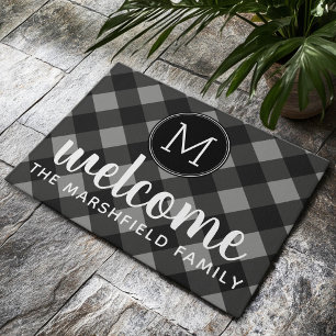 Rustic Gray & Black Buffalo Plaid Family Welcome Doormat