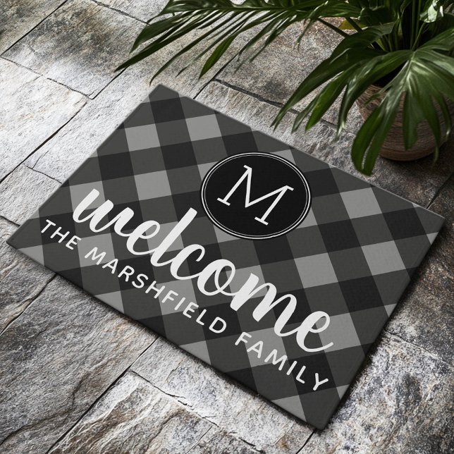 Rustic Gray & Black Buffalo Plaid Family Welcome Doormat (Custom Welcome Mat)