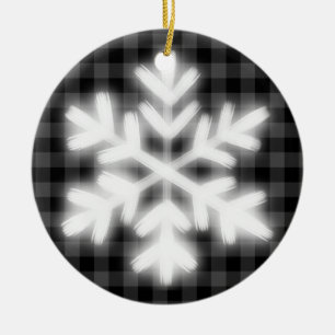 Rustic gray black plaid pattern frosty snow flake ceramic ornament