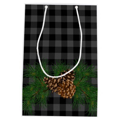 Rustic gray black Plaid Pine_cone detail Medium Gift Bag