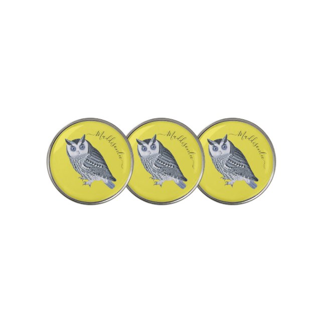 Rustic Gray Blue Owl Yellow Monogram Name Golf Bal Ball Marker (3 Up)